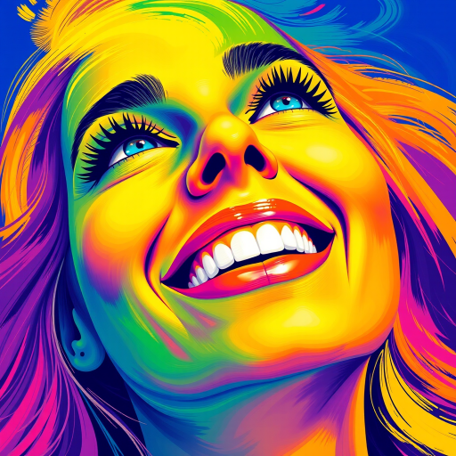 Generate a psychedelic portrait of a woman's happy face with brushstrokes of a woman smiling and looking up at the sky, emphasizing bright and bold colors. The dominant color should be deep blue, with swirling patterns of yellow, green, pink, purple and orange. open blue eyes with long eyelashes, apply an orange-yellow eyeshadow for a mesmerizing effect.
