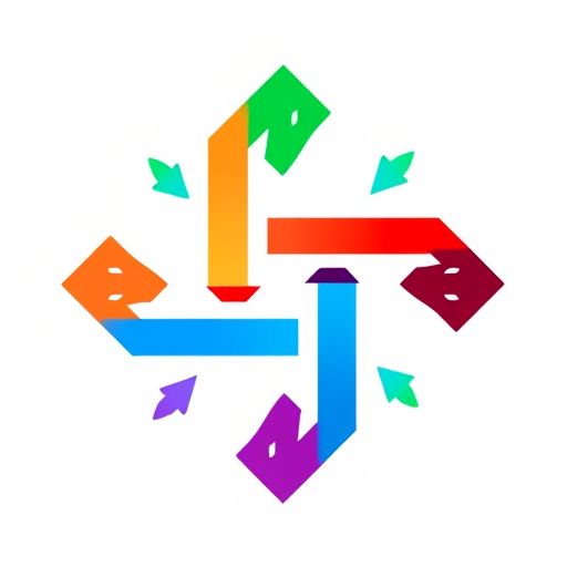 Create an image featuring a modern logo with multi-directional arrows in vibrant colors like red, green, blue, and purple on a white background, using a Canon EOS R5 camera, aperture f/8, ISO 100, shutter speed 1/125 sec, shot from a top-down view with a minimalist style for enhanced clarity and detail.
