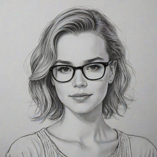 Dazzling Bridgit Mendler, pencil sketch, portrait of Pleasing woman 1921s in glasses, hair style beatnik, outline, clear lines, fine lines, 8k