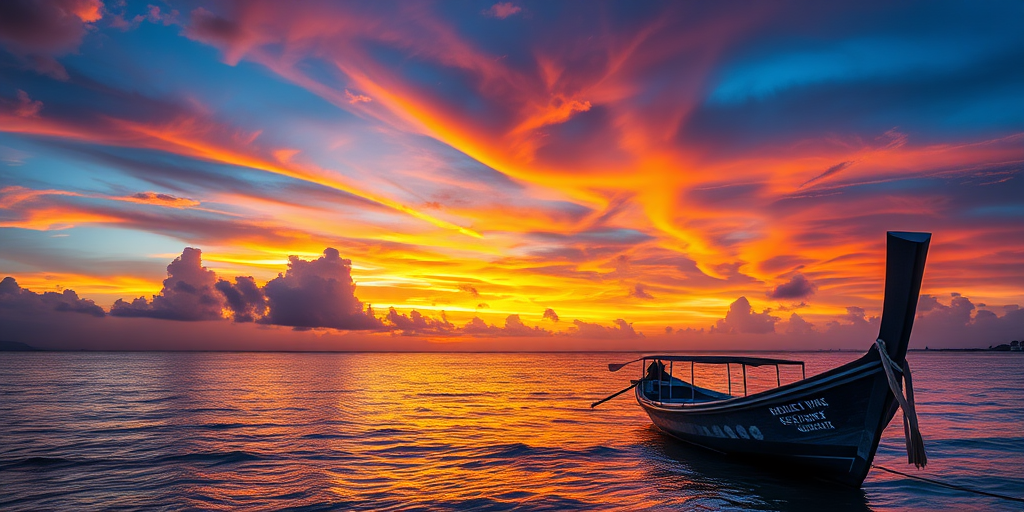 Regenerate a vibrant sunset scene over a tranquil sea with a traditional boat in the foreground, dramatic clouds reflecting colors on the water, using a DSLR camera, f/11 aperture, 24mm lens, ISO 100, shot at golden hour, high dynamic range imaging for enhanced detail and color saturation.