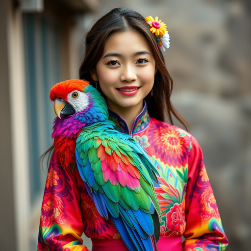 A beautiful Taiwanese girl, wearing colorful bird clothing with vibrant colors