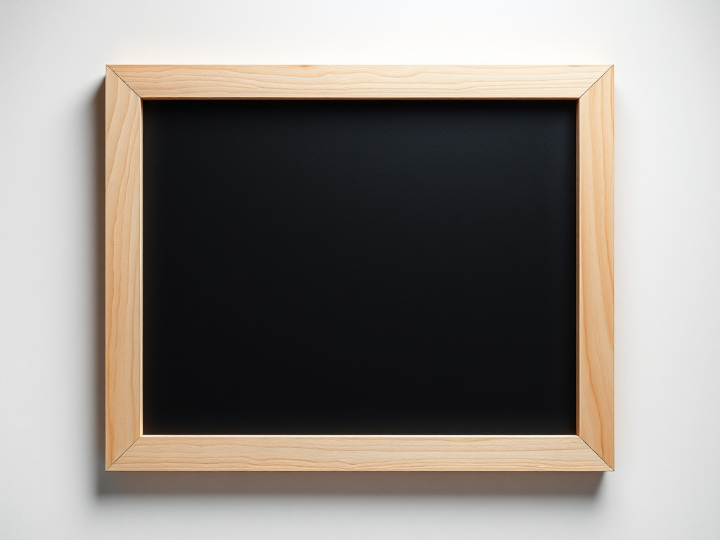 Create a minimalistic photo of a blank black canvas within a natural wood frame, taken with a 50mm lens at f/1.8 aperture, ISO 100, shutter speed 1/125s, overhead lighting, in a studio setting.