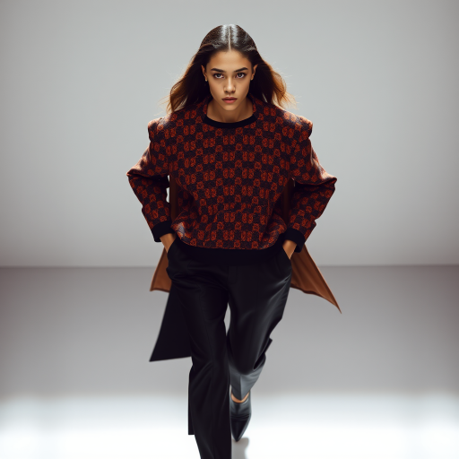 Capture the model from a high angle, emphasizing the outfit’s pattern and silhouette. Use a 35mm prime lens to maintain sharpness and minimize distortion