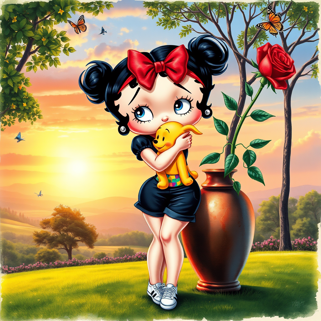 Luxury 3D HD realistic watercolor oil painting. Betty Boop with black hair in two messy buns. Red headband with big bow. He wears black shorts with a colorful t-shirt. White sneakers. She is standing hugging winnie the pooth next to a large vase with a tall red rose, There are trees and butterflies flying. The land with a beautiful lawn. Full body. Background of a sunset