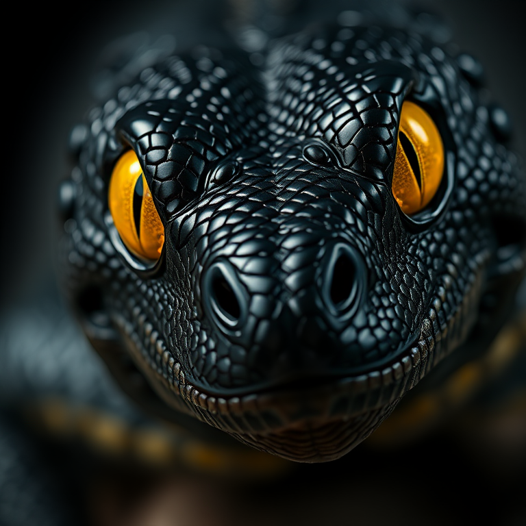 highly detailed close-up of a reptilian creature with glossy black scales and vibrant yellow eyes, emphasizing texture and sheen, dramatic lighting, shallow depth of field, shot with a Canon EOS R5 at f/2.8, ISO 100, 85mm lens, focus stacked for clarity, low angle view for impact