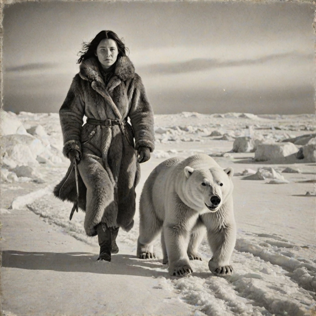 A very old photograph in black and white. The photo is badly damaged, faded, with scratches, tears, smudges and dirt. The photo is ultra-realistic and very detailed. It's a picture of an Arctic warrior. She is walking serenely towards the camera. At her side walks a majestic polar bear. Its fur shines in the sunlight. Snow, ice, sea. wind. snow in the air.