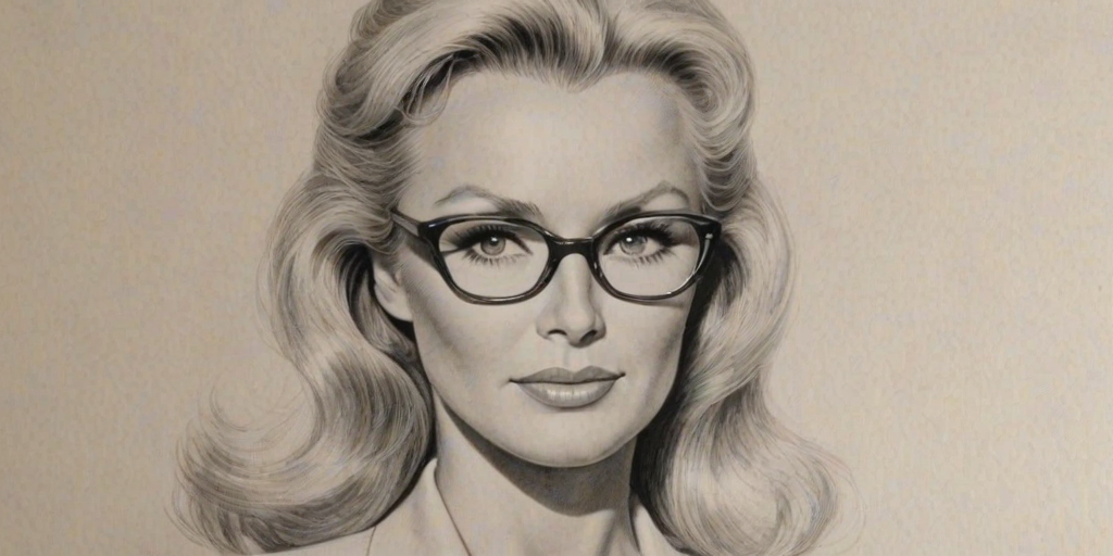 Appealing Linda Evans, pencil sketch, portrait of Sublime woman 1938s in glasses, hair style beatnik, outline, clear lines, fine lines, 8k