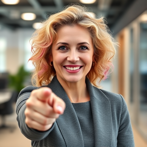 A confident middle-aged woman with blonde curly hair and pink highlights smiles and points directly at the camera in a modern office environment, using a Canon EOS R5, 50mm lens, aperture f/1.8, ISO 100, shutter speed 1/200s, soft focus background.