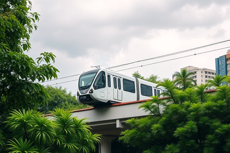 generate an image of an elevated monorail train in a lush green urban setting with a cloudy sky, captured with a DSLR camera at f/8, ISO 200, shutter speed 1/250s, wide-angle lens, at a 35mm focal length, focusing on the train with a slight upward angle for perspective enhancement