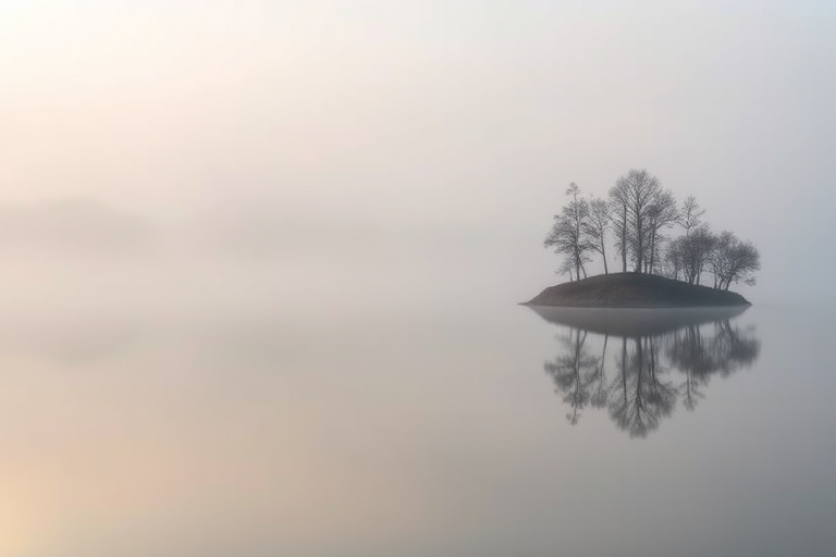 a serene foggy lake landscape with a small island and trees reflected in the still water, early morning light, shot with a DSLR camera at f/8, ISO 100, 24mm lens, using a wide-angle view, high dynamic range for enhanced detail and contrast