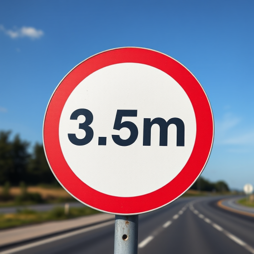 Create an image of a circular road sign with a red border and a white center, displaying the text "3,5m" in bold black letters, captured using a DSLR camera, aperture f/8, shutter speed 1/250s, ISO 100, with a focus on high clarity and vibrant colors, shot from eye level.