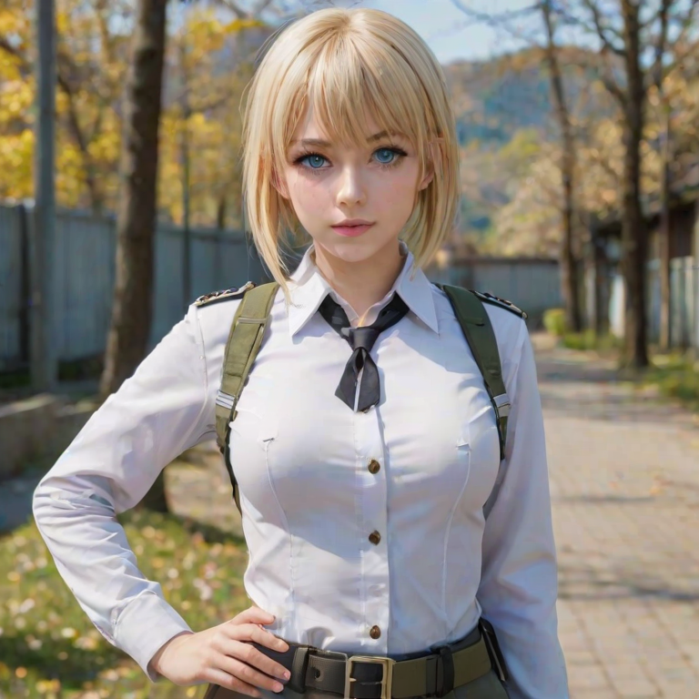 i want the whole image to be created in 3D anime style, 1girl, solo, breasts, looking at viewer, short hair, bangs, blue eyes, blonde hair, shirt, long sleeves, closed mouth, jacket, white shirt, upper body, outdoors, collared shirt, belt, blurry, uniform, blurry background, emblem, harness, paradis military uniform, chest harness