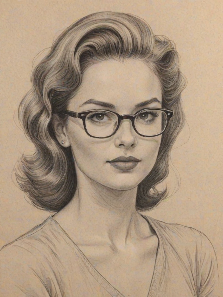 Delightful Sophia Wylie, pencil sketch, portrait of Beauteous woman 1949s in glasses, hair style beatnik, outline, clear lines, fine lines, 8k