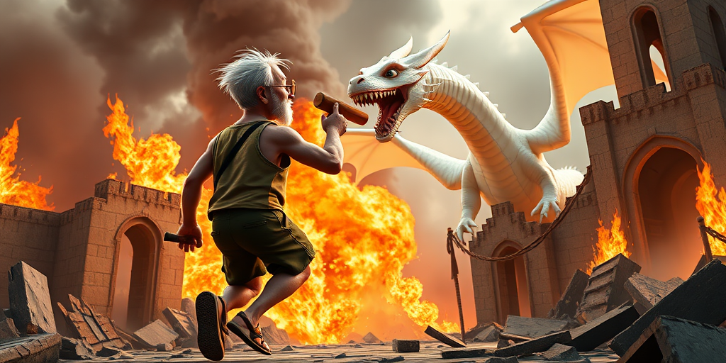 Cartoon 3D High-Resolution,dynamic battle scene using Unreal Engine 5 and Octane Render. The scene features back of an elderly, thai man with a beard,messy hair and round golden-rimmed glasses. He is wearing a tattered tank top with soot marks, shorts, and sandals. sweating. he wields a baseball bat. He jump to fight with a white fire-breathing Europe dragon amidst a partially destroyed stone castle. Include intense flames, smoke, and debris to enhance the dramatic effect.