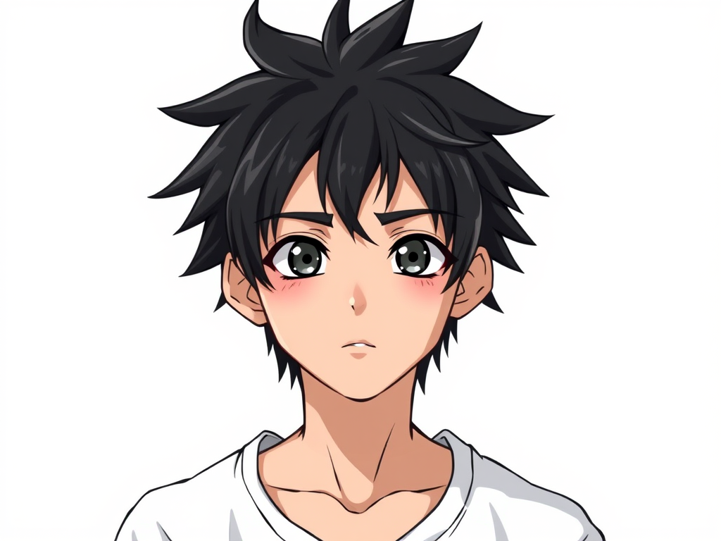 Create a high-resolution illustration of a young male character with spiky black hair, a neutral expression, wearing a loose white shirt, use an 85mm lens, f/2.8 aperture, ISO 100, studio lighting, and a frontal view to enhance image quality.
