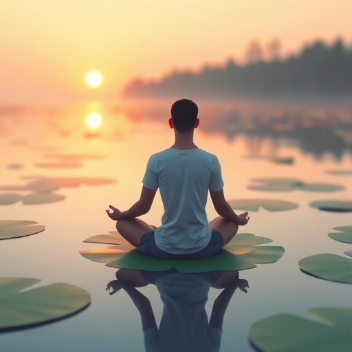 Create a serene illustration of a man meditating on a lily pad in a tranquil lake at sunset, with soft pastel colors, using a DSLR camera with a 50mm lens, f/1.8 aperture, ISO 100, and a shallow depth of field to enhance background softness and focus on the subject.