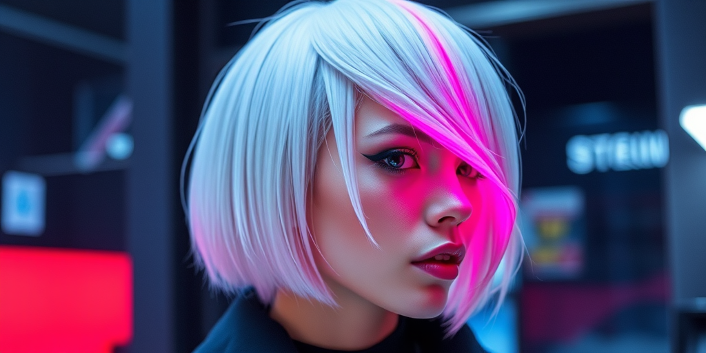 Sleek platinum blonde bob with razor-sharp edges and a single streak of neon pink, exuding futuristic chic and cyberpunk vibes, aptly called Electric Ice