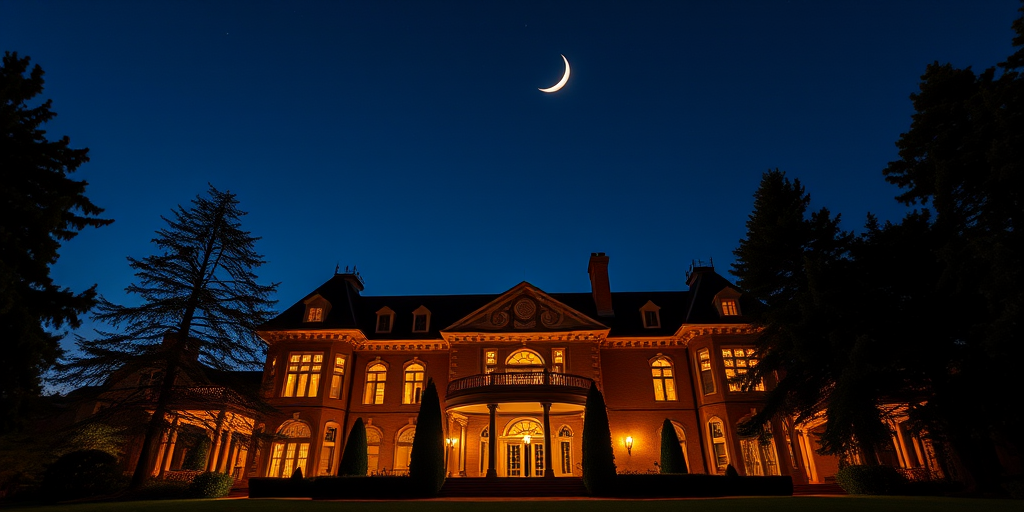capture a grand mansion at night illuminated by warm lights under a crescent moon, surrounded by tall trees, using a DSLR camera with a 24mm lens, aperture f/2.8, ISO 400, 30-second exposure, low angle view for dramatic effect, nighttime shooting style for enhanced detail and contrast