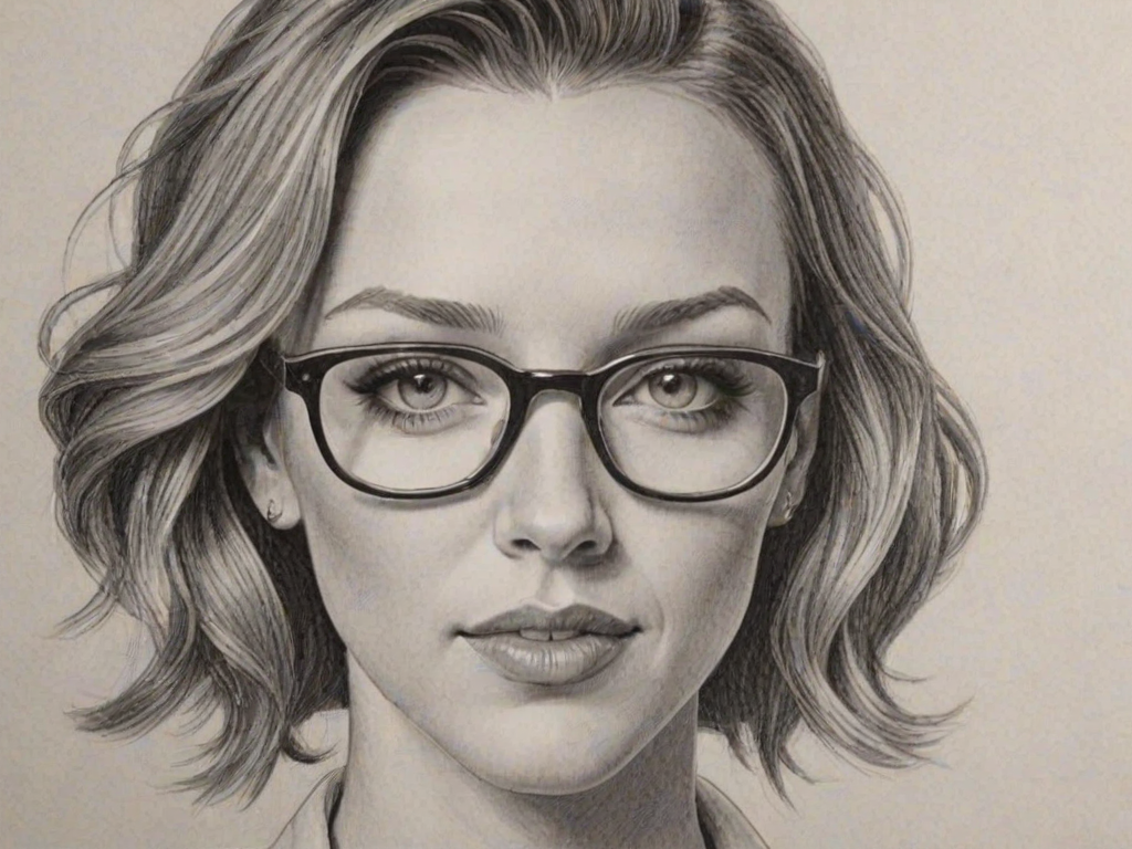 Lovely Katie Cassidy, pencil sketch, portrait of Splendid woman 1949s in glasses, hair style beatnik, outline, clear lines, fine lines, 8k