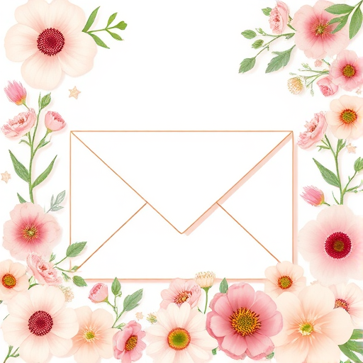 Create a stylized illustration of an envelope surrounded by various flowers in soft pastel colors, with a focus on intricate floral details, using a Canon EOS 5D Mark IV, 50mm lens, f/1.8 aperture, 1/200 shutter speed, and natural light for a warm, inviting look.