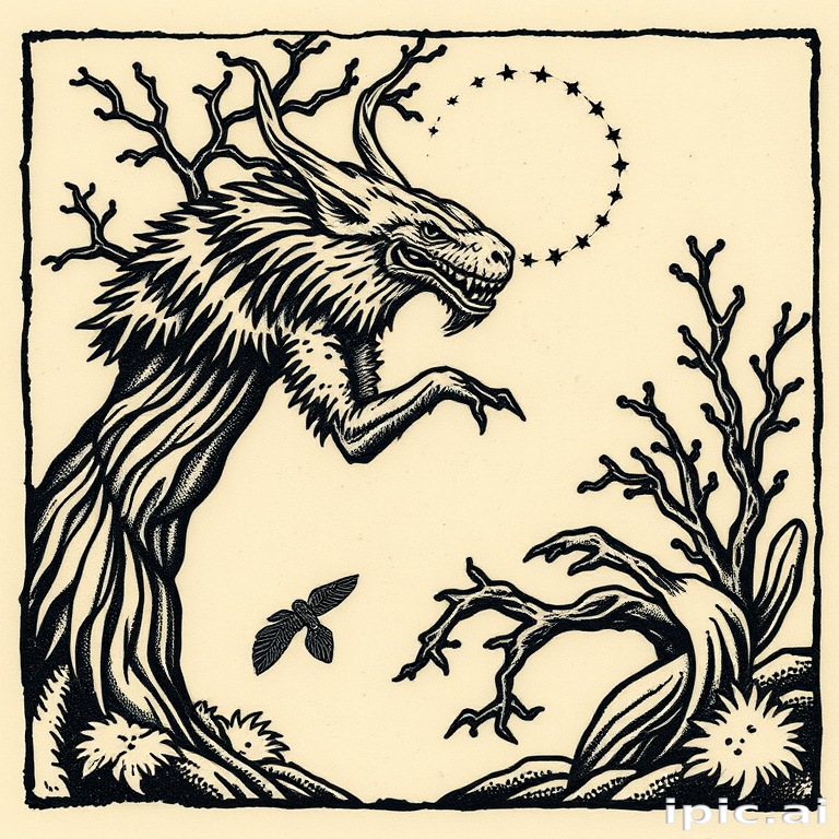 Woodcut tattoo called "Nature's Etchings" resembling traditional woodblock prints with bold lines and textured shading, portraying intricate natural scenes or mythological figures, known for its rustic and timeless appeal