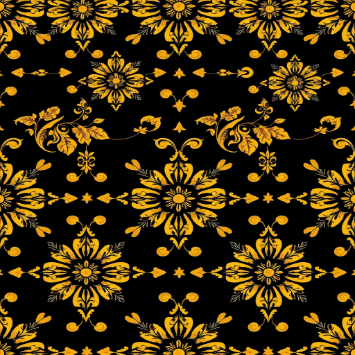 Create a seamless pattern of intricate golden floral designs on a dark background, shot with a 50mm lens at f/8 for depth of field and clarity, using a DSLR camera with a high ISO setting for enhanced texture and detail.