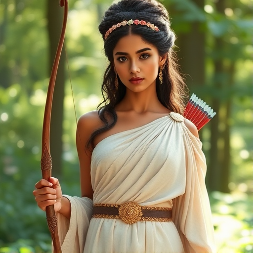 Create a portrait of a goddess-like Indo-Caribbean girl figure in a tranquil, forested environment. She has an elegant appearance with long, wavy hair styled in an updo and adorned with a delicate, floral headband. She wears a flowing, ancient Greek-inspired gown in a soft, pale color, featuring a one-shoulder design and draped fabric that accentuates her graceful form. The outfit includes a decorative belt with ornate gold detailing, and she holds a bow in her hand, with a quiver of arrows slung over her shoulder. The background depicts lush greenery, with sunlight filtering through the trees, casting a gentle, ethereal light on the scene. Her expression is calm and contemplative, embodying a sense of wisdom and serenity.