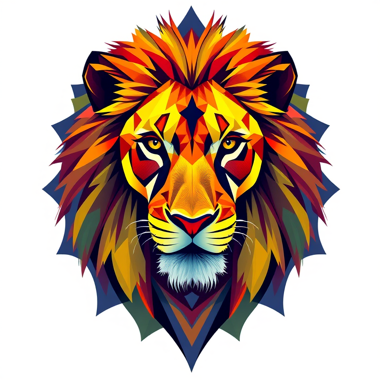 Create a detailed vector illustration of a lion in a stylized geometric design, using vibrant colors and intricate patterns, captured with a DSLR camera at f/2.8, ISO 100, 50mm lens, overhead view, high contrast lighting.