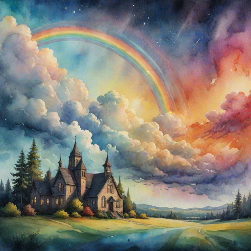 A whimsical and surreal sky with a vibrant rainbow, featuring dramatic lighting effects and a textured watercolor background, with a touch of gothic aesthetic.