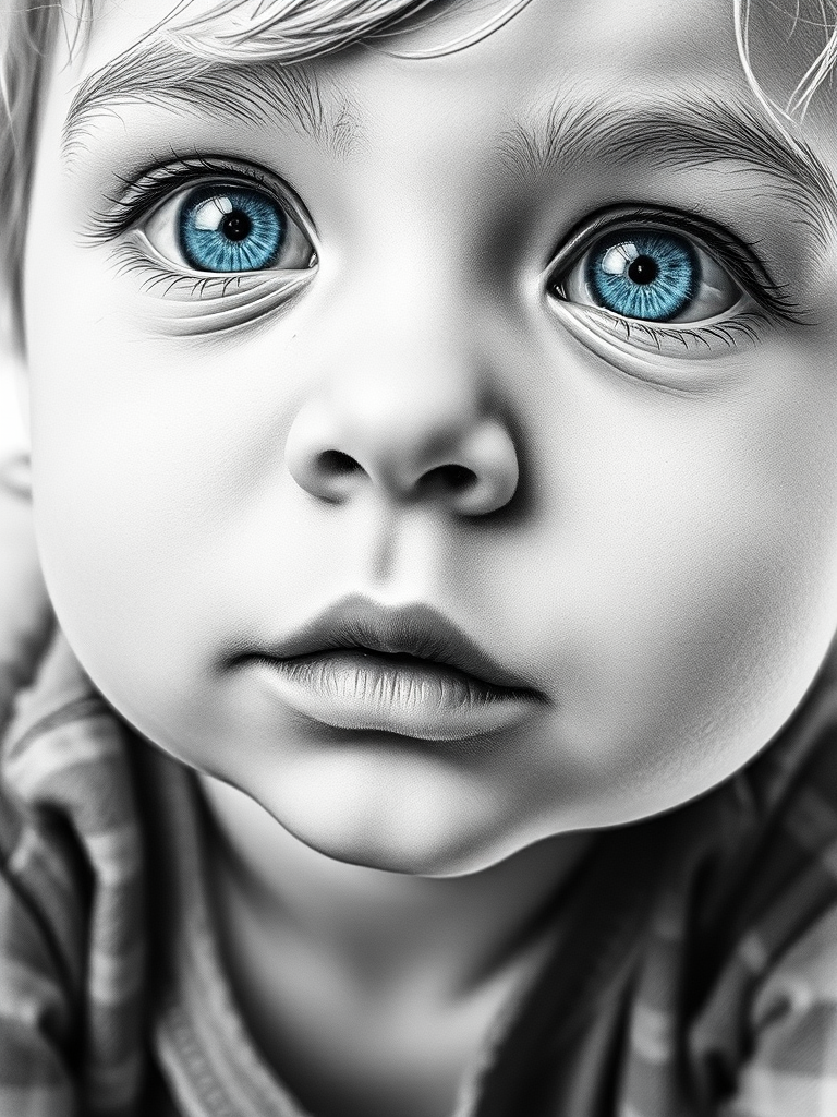 A hyperdetailed photorealistic black and white sketch of a beautiful toddler with deep cyan eyes, with a macro focus