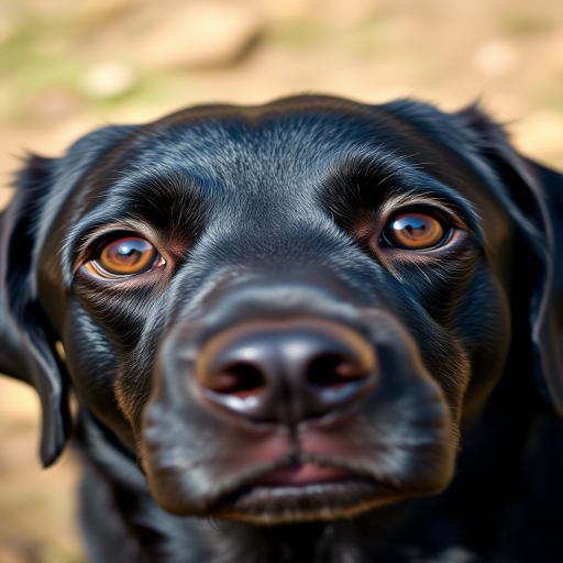 A close-up shot of a black dog with expressive brown eyes, captured in natural light using a DSLR camera, 50mm lens, f/1.8 aperture, ISO 200, and a shallow depth of field to enhance clarity and focus on the dog's face.