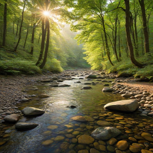 Create an image of a serene, sunlit forest scene with a clear, gently flowing river. Tall trees with lush green foliage line both sides of the river, their leaves bathed in the warm golden light of the setting or rising sun. The sunlight filters through the trees, casting soft, dappled light on the river, which flows over smooth rocks and pebbles, creating a peaceful, natural atmosphere. The sky is bright with a few scattered clouds, and the overall mood is tranquil, evoking a deep sense of connection with nature. The image captures the beauty of a calm, pristine forest landscape at either dawn or dusk.