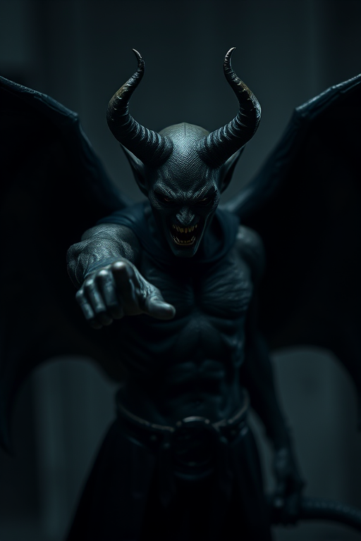 Generate an image of a demonic figure with large bat-like wings, pointing menacingly, in a dark, high-contrast style, captured with a DSLR camera at 50mm, f/1.8, ISO 100, positioned at eye level, with sharp focus on the figure and a blurred background for dramatic effect.
