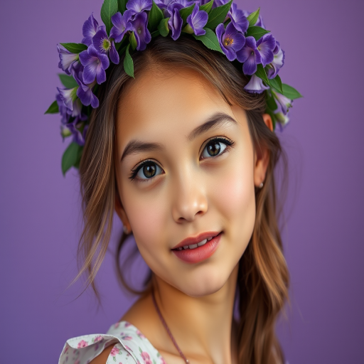 Create a portrait of a young woman with a floral crown made of purple flowers and green leaves, wearing a delicate floral dress with a purple background, captured with a Canon EOS R5, 85mm lens, f/1.8 aperture, ISO 100, soft natural lighting, and a shallow depth of field to enhance focus on the subject.