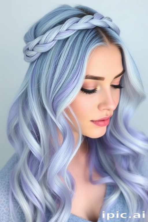 Soft periwinkle blue hair styled in loose, romantic waves with a crown braid embodies the dreamy "Skyward Whisper" look, featuring delicate silver and lavender highlights that add dimension and movement to the ethereal hues, creating a whimsical and enchanting appearance