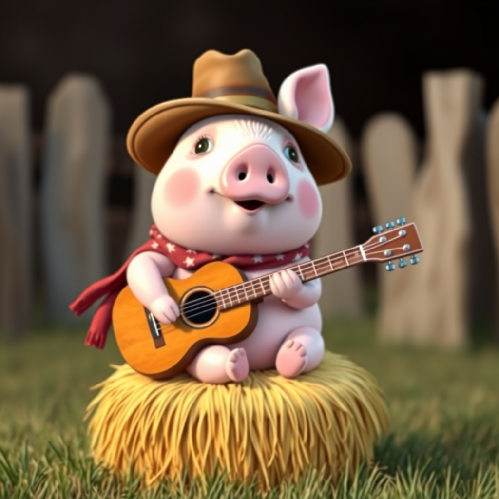 A chibi pig, dressed as a cowboy, playing guitar, sitting on a hay bale