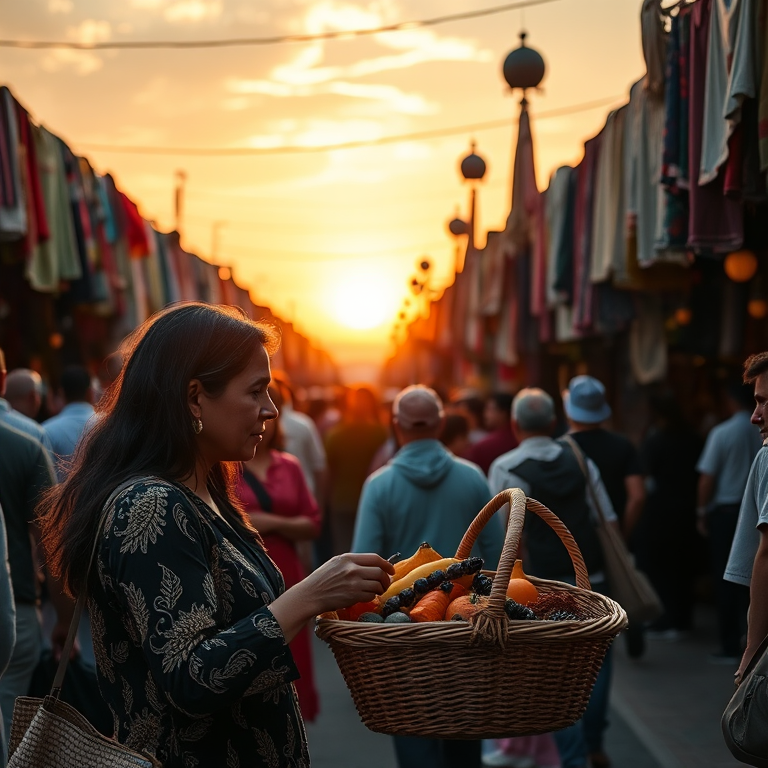 Crowded marketplace at sunset, vibrant fabrics hanging from stalls, a woman haggles with a vendor, her hands holding a woven basket filled with exotic fruits and spices.