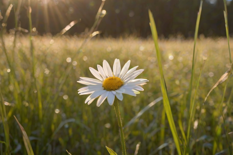 Soft-focus close-up of a single daisy growing in a field of tall grass, soft morning light illuminating the delicate petals, with distant trees barely visible on the horizon.