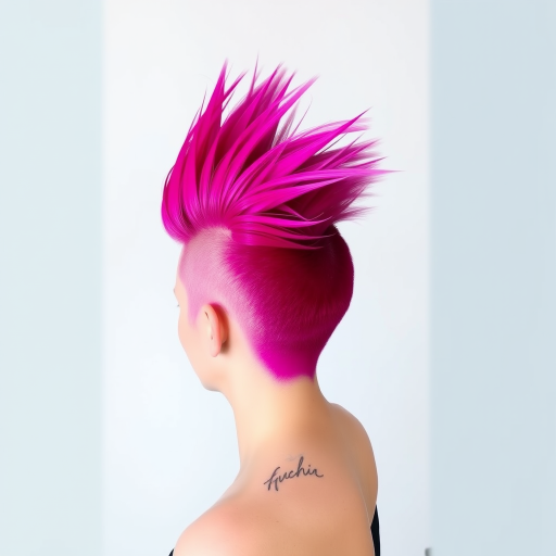 Bold magenta mohawk fading into soft lilac ends, styled in a voluminous quiff, radiating confidence and creativity, christened "Fuchsia Phoenix"