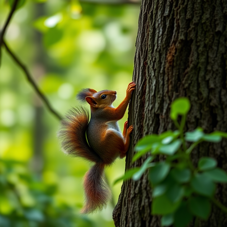 Squirrel climbing a tree in a lush green forest, captured with a Canon EOS 5D Mark IV, 50mm lens, aperture f/2.8, shutter speed 1/200 sec, ISO 400, natural daylight, shallow depth of field for enhanced background blur.