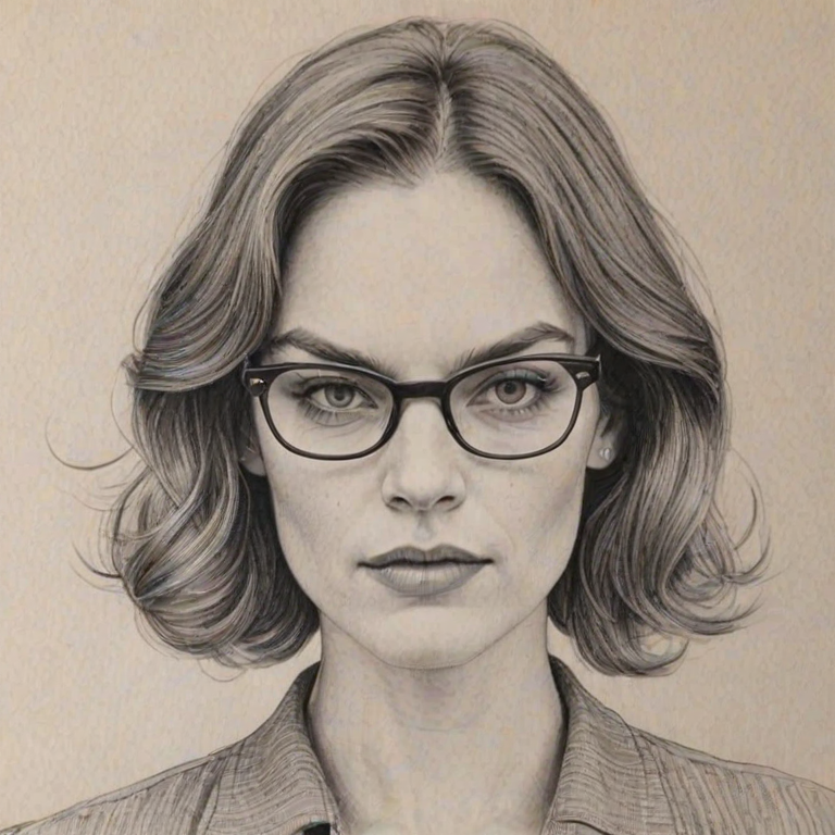 Lovely Ruth Wilson, pencil sketch, portrait of Resplendent woman 1972s in glasses, hair style beatnik, outline, clear lines, fine lines, 8k