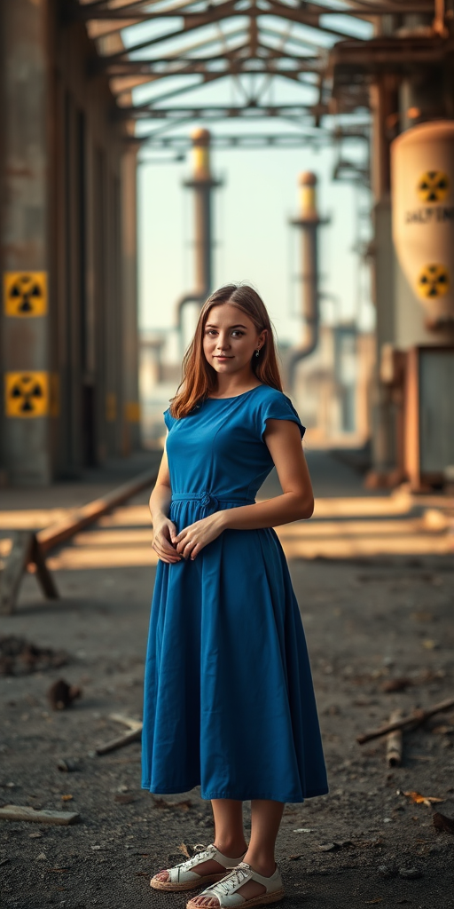 Create an image of a young woman in a blue dress standing in an abandoned industrial setting with radioactive warning symbols, using a Canon EOS R5 camera, 50mm lens, f/1.8 aperture, ISO 100, 1/200 sec shutter speed, natural lighting, and a shallow depth of field for enhanced focus on the subject.