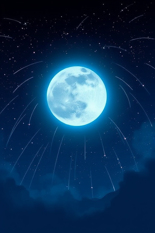 Create an illustration of a night sky with a large bright moon and shooting stars, using a digital art style, 4K resolution, wide-angle view, f/2.8 aperture, 1/60 shutter speed, and a soft focus effect.