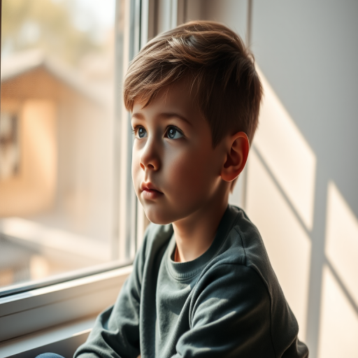 create a portrait of a contemplative young boy sitting by a window with soft sunlight filtering through, a slightly blurred background, using a DSLR camera with a 50mm lens, aperture set to f/1.8, ISO 200, and natural light to enhance the warm tones and soft details