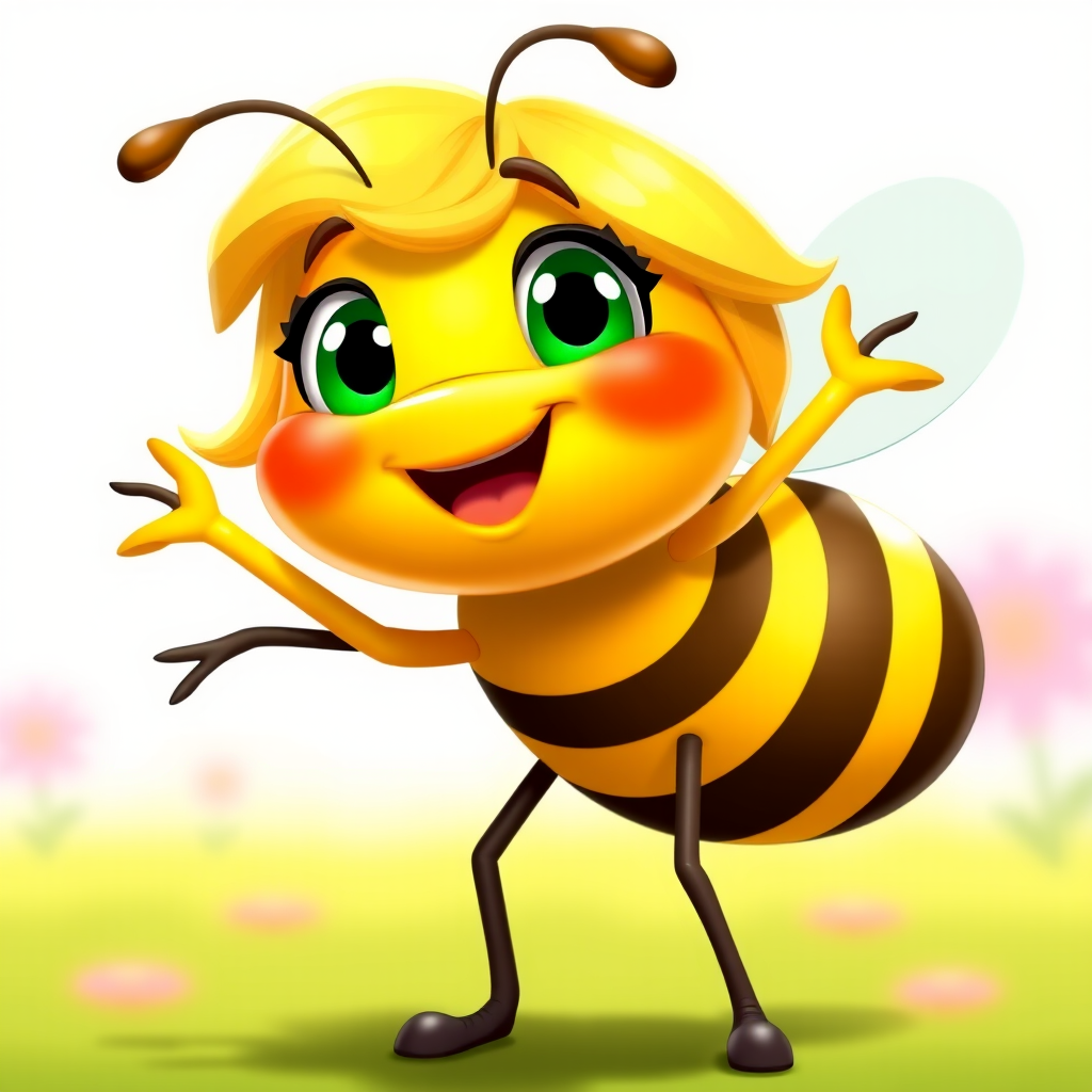 Create a vibrant cartoon character of a happy bee with blonde hair in a playful pose, using a DSLR camera with a 50mm lens, aperture f/1.8, ISO 100, taken from a slightly angled front view to enhance color saturation and detail.