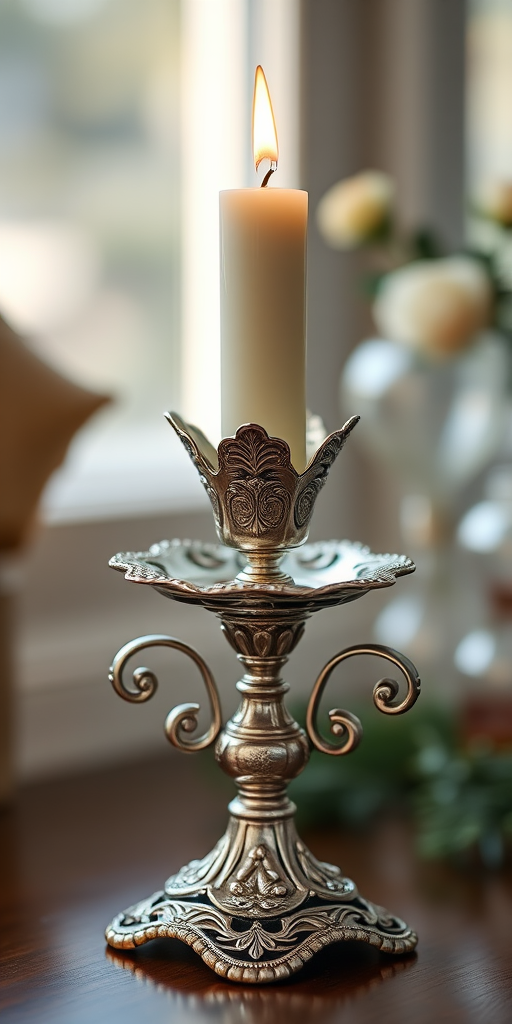 Create a high-resolution image of an ornate silver candle holder with intricate designs, using a DSLR camera at f/2.8 aperture, 50mm lens, 1/125 second shutter speed, in natural light with a shallow depth of field to highlight details.