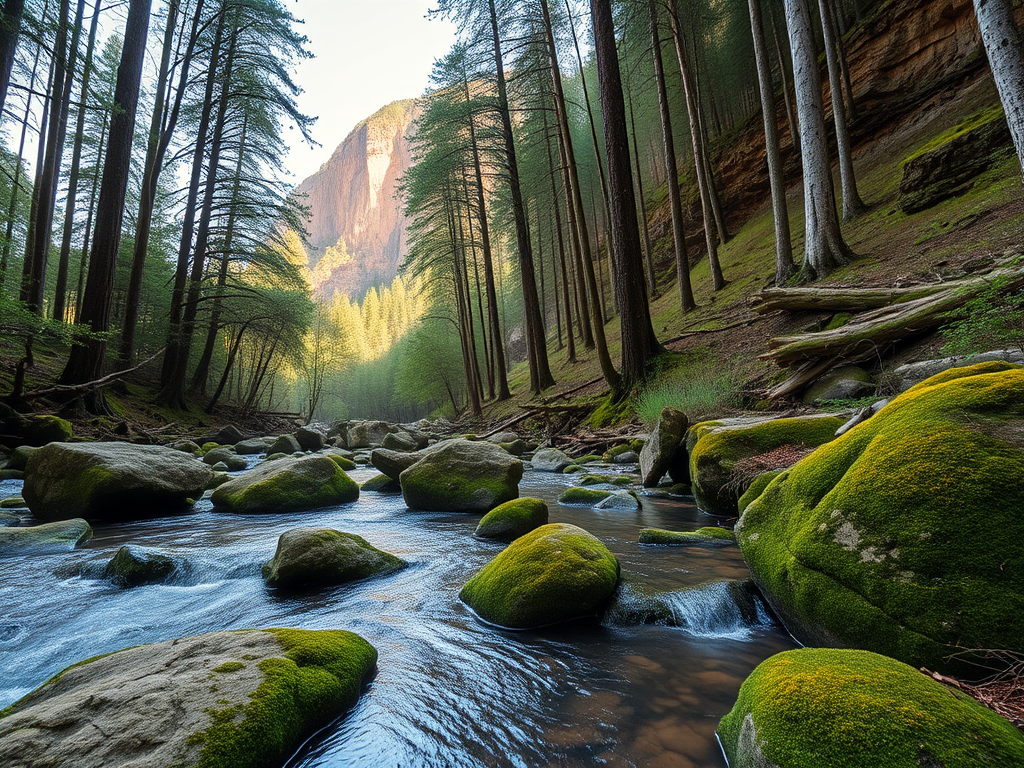 Generate a serene landscape image of a forest with a calm river flowing through it, with moss-covered rocks and towering cliffs in the background, captured with a Canon EOS R5, 24mm lens, f/8 aperture, ISO 100, 1/2 sec shutter speed, soft natural lighting, and a wide-angle perspective to enhance depth.