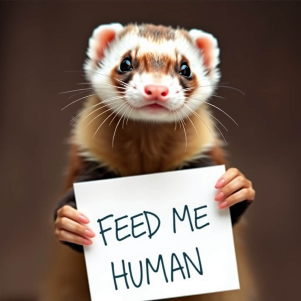 Ferret holding a note which says "FEED ME HUMAN"