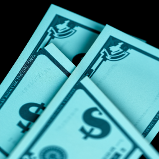 Create an image of two stylized blue dollar bills against a dark background, using a macro lens, f/2.8 aperture, ISO 100, capturing a top-down view with soft lighting to enhance contrast and detail.