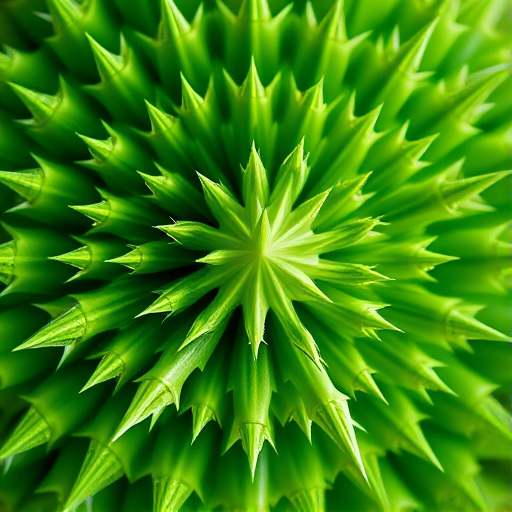 Generate a detailed fractal pattern resembling green spikes with a smooth gradient texture, captured using a DSLR camera at f/8 aperture, ISO 100, 50mm lens, in macro view for enhanced detail and clarity.